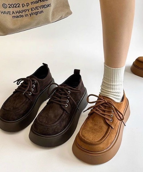 セール】スエード調 レースアップ厚底モカシンシューズ（ブーツ