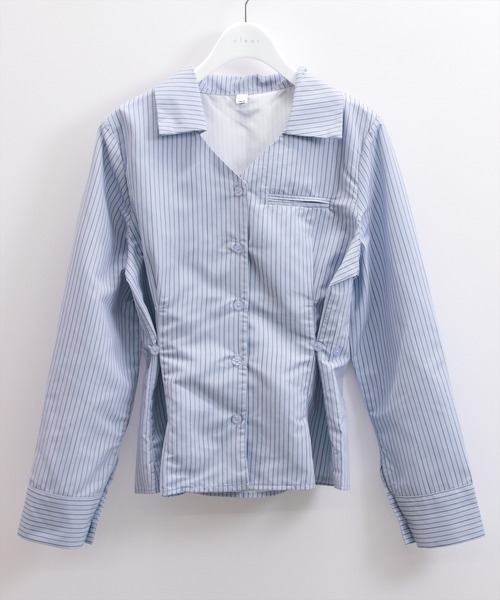 STAY MOTION（ステイモーション）の「【WEB限定】チョーカー付きウエストマークストライプ柄シャツ［韓国ファッション カジュアル］≪新作≫（シャツ/ブラウス・レディース・ピンク/ブルー/オフホワイト・F）」の8枚目の写真