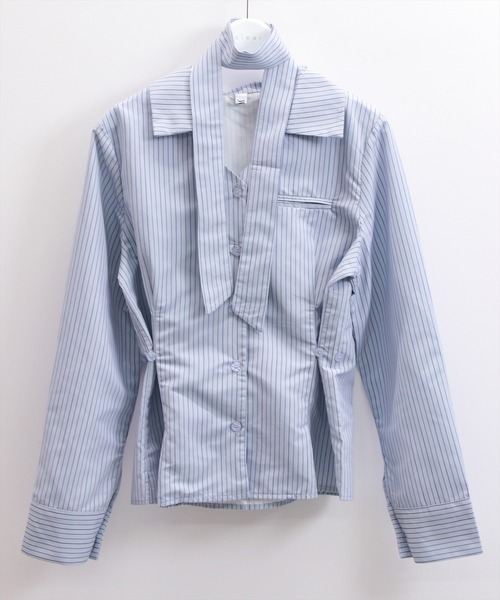 STAY MOTION（ステイモーション）の「【WEB限定】チョーカー付きウエストマークストライプ柄シャツ［韓国ファッション カジュアル］≪新作≫（シャツ/ブラウス・レディース・ピンク/ブルー/オフホワイト・F）」の6枚目の写真