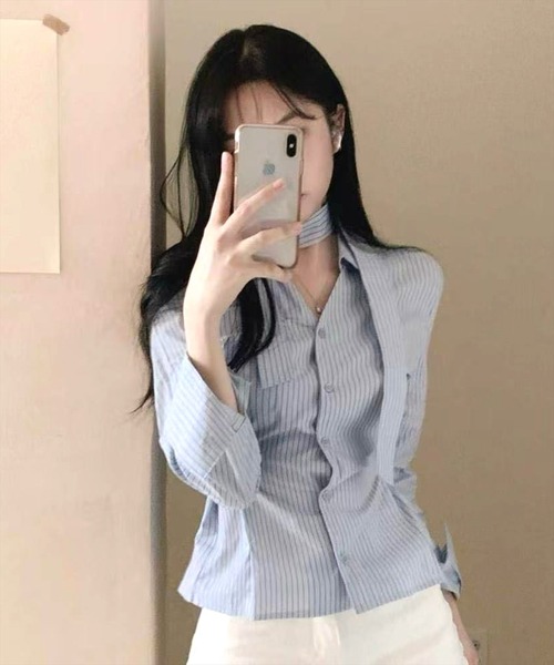 STAY MOTION（ステイモーション）の「【WEB限定】チョーカー付きウエストマークストライプ柄シャツ［韓国ファッション カジュアル］≪新作≫（シャツ/ブラウス・レディース・ピンク/ブルー/オフホワイト・F）」の21枚目の写真