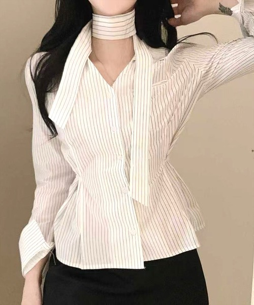 STAY MOTION（ステイモーション）の「【WEB限定】チョーカー付きウエストマークストライプ柄シャツ［韓国ファッション カジュアル］≪新作≫（シャツ/ブラウス・レディース・ピンク/ブルー/オフホワイト・F）」の16枚目の写真