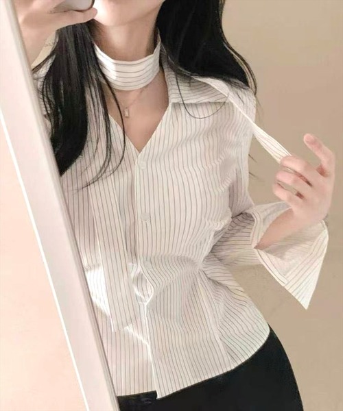 STAY MOTION（ステイモーション）の「【WEB限定】チョーカー付きウエストマークストライプ柄シャツ［韓国ファッション カジュアル］≪新作≫（シャツ/ブラウス・レディース・ピンク/ブルー/オフホワイト・F）」の17枚目の写真