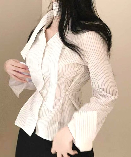 STAY MOTION（ステイモーション）の「【WEB限定】チョーカー付きウエストマークストライプ柄シャツ［韓国ファッション カジュアル］≪新作≫（シャツ/ブラウス・レディース・ピンク/ブルー/オフホワイト・F）」の18枚目の写真