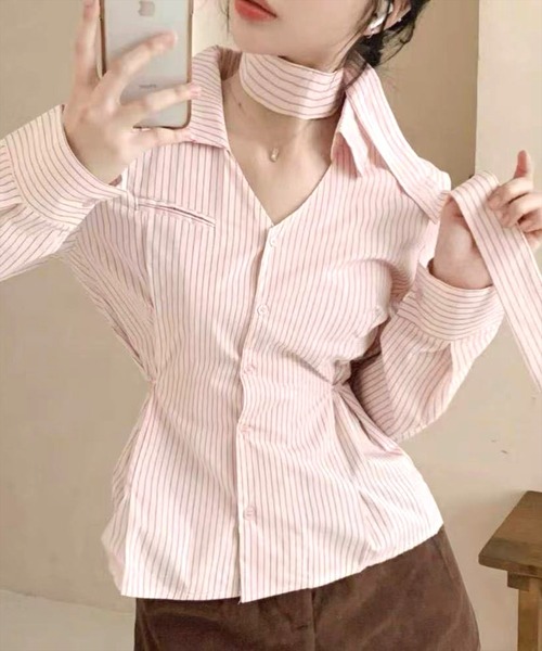STAY MOTION（ステイモーション）の「【WEB限定】チョーカー付きウエストマークストライプ柄シャツ［韓国ファッション カジュアル］≪新作≫（シャツ/ブラウス・レディース・ピンク/ブルー/オフホワイト・F）」の11枚目の写真