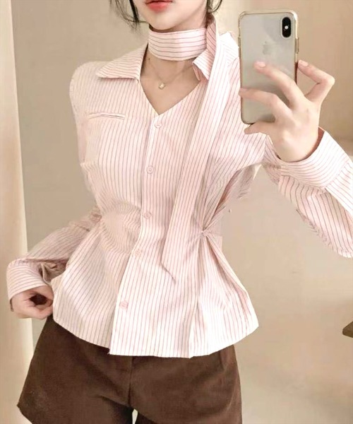 STAY MOTION（ステイモーション）の「【WEB限定】チョーカー付きウエストマークストライプ柄シャツ［韓国ファッション カジュアル］≪新作≫（シャツ/ブラウス・レディース・ピンク/ブルー/オフホワイト・F）」の12枚目の写真