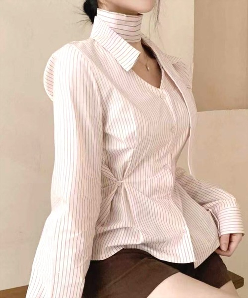 STAY MOTION（ステイモーション）の「【WEB限定】チョーカー付きウエストマークストライプ柄シャツ［韓国ファッション カジュアル］≪新作≫（シャツ/ブラウス・レディース・ピンク/ブルー/オフホワイト・F）」の13枚目の写真