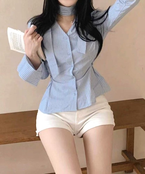 STAY MOTION（ステイモーション）の「【WEB限定】チョーカー付きウエストマークストライプ柄シャツ［韓国ファッション カジュアル］≪新作≫（シャツ/ブラウス・レディース・ピンク/ブルー/オフホワイト・F）」の20枚目の写真