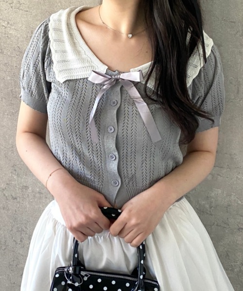 Mejoul(メジュール)の「【2026春夏新作】ビッグカラー リボン パフスリーブサマーニットトップス(ニット/セーター・レディース・グレー/ホワイト/ブラック・F)」の16枚目の写真