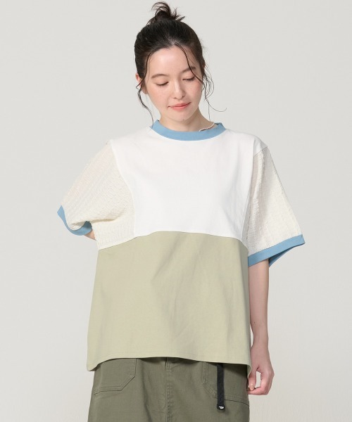 KRIFF MAYER Lady's Collection(クリフメイヤーレディースコレクション)の「【汗染み防止・撥水防汚・吸水速乾・接触冷感】ウェットプロテクト異素材ミックスT(Tシャツ/カットソー・レディース・オフホワイト/グレー/ブラック/ブラウン/カラフル・MEDIUM/LARGE)」の5枚目の写真
