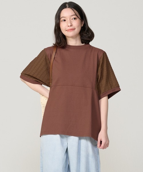 KRIFF MAYER Lady's Collection(クリフメイヤーレディースコレクション)の「【汗染み防止・撥水防汚・吸水速乾・接触冷感】ウェットプロテクト異素材ミックスT(Tシャツ/カットソー・レディース・オフホワイト/グレー/ブラック/ブラウン/カラフル・MEDIUM/LARGE)」の6枚目の写真
