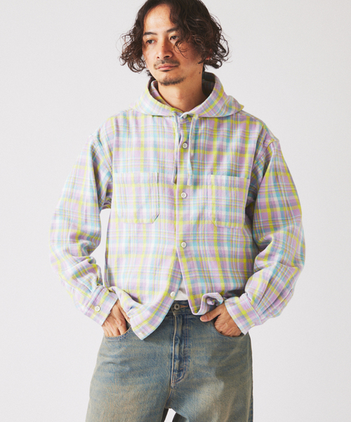 JOURNAL STANDARD relume(ジャーナルスタンダード レリューム)の「カラー アメリカンチェック フーディシャツ(シャツ/ブラウス・メンズ・スカイブルー/ライトパープル/Yellow・MEDIUM/LARGE)」の5枚目の写真