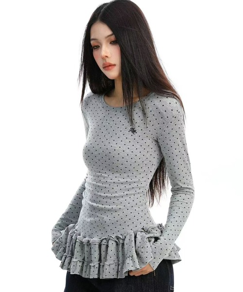 セール】【26春新作】ドット柄フリル裾フィットインナー /ロング