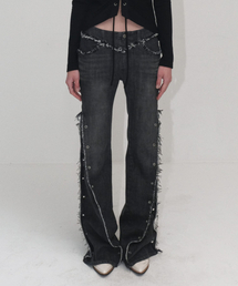 EYELET RAW-EDGE BOOTS CUT JEANS [BLACK]