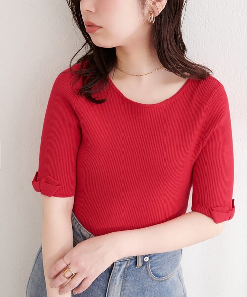 natural couture（ナチュラルクチュール）の「〈osono〉配色リボンニット（ニット/セーター・レディース・ブラック/サックスブルー/レッド/ピンク/オフホワイト・FREE）」の5枚目の写真