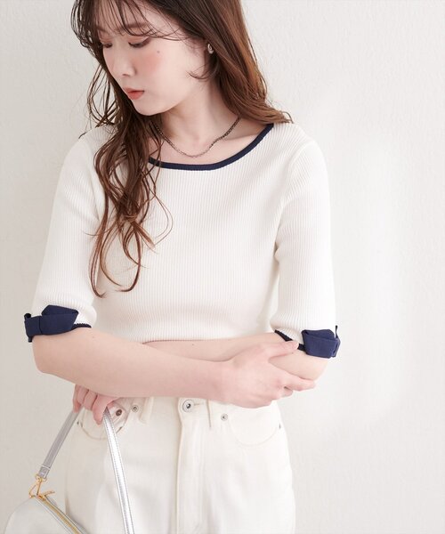 natural couture（ナチュラルクチュール）の「〈osono〉配色リボンニット（ニット/セーター・レディース・ブラック/サックスブルー/レッド/ピンク/オフホワイト・FREE）」の12枚目の写真