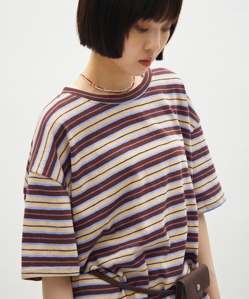 full/fill.(フルフィル)の「half sleeve multi border T / ハーフスリーブマルチボーダーT(Tシャツ/カットソー・レディース・ブラウン/ネイビー・FREE)」の1枚目の写真