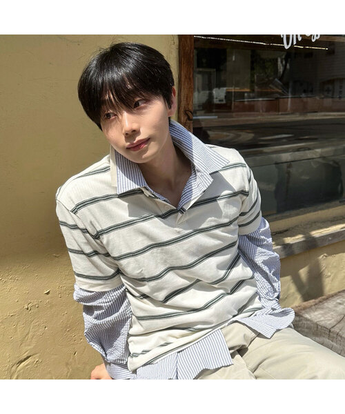 MINDBRIDGE(マインドブリッジ)の「ピンストライプセミオーバーフィットカラー半袖Tシャツ - 2カラー(ポロシャツ・メンズ・グリーン/キャメル・95/100/105/110)」の2枚目の写真