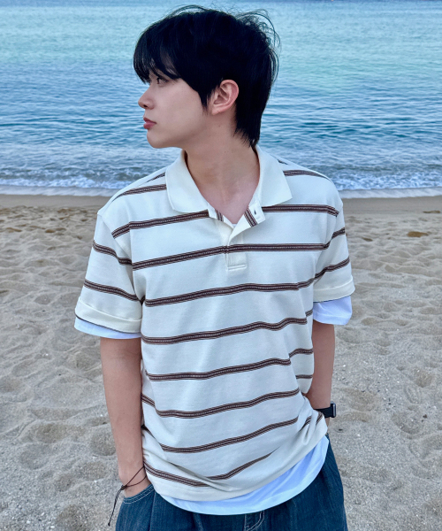 MINDBRIDGE(マインドブリッジ)の「ピンストライプセミオーバーフィットカラー半袖Tシャツ - 2カラー(ポロシャツ・メンズ・グリーン/キャメル・95/100/105/110)」の5枚目の写真