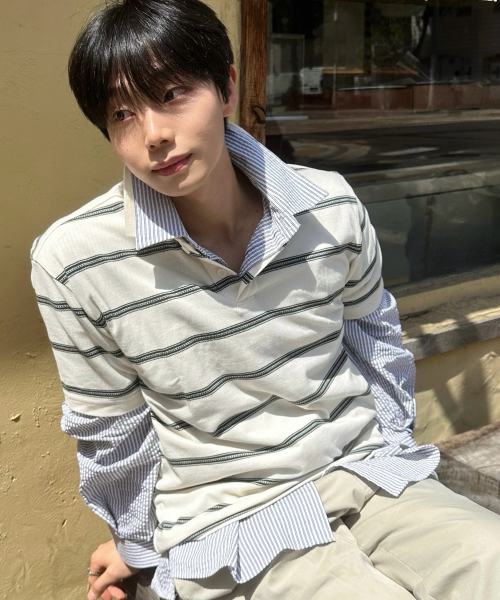 MINDBRIDGE(マインドブリッジ)の「ピンストライプセミオーバーフィットカラー半袖Tシャツ - 2カラー(ポロシャツ・メンズ・グリーン/キャメル・95/100/105/110)」の6枚目の写真