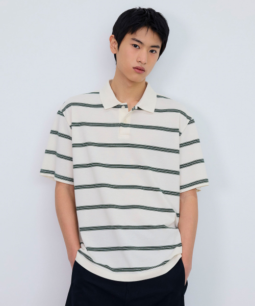 MINDBRIDGE(マインドブリッジ)の「ピンストライプセミオーバーフィットカラー半袖Tシャツ - 2カラー(ポロシャツ・メンズ・グリーン/キャメル・95/100/105/110)」の9枚目の写真