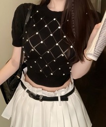 【2026春夏新作】パール付 ビジューキルティング風 半袖タイトニット