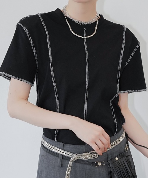 chuclla(チュクラ)の「アウトステッチ デザインTシャツ chw26s240(Tシャツ/カットソー・レディース・ブラック/グレー・FREE)」の1枚目の写真