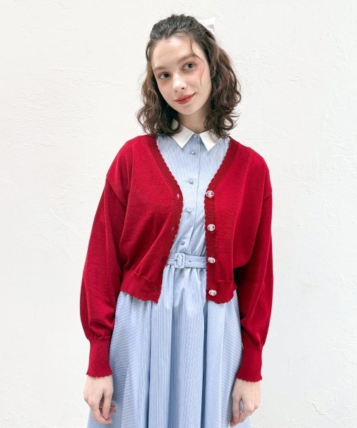 F i.n.t(フィント)の「【UVカット】ガラス風マーガレット釦ニットカーディガン/fint フィント(カーディガン/ボレロ・レディース・ライトグリーン/ネイビー/レッド/アイボリー・FREE)」の4枚目の写真
