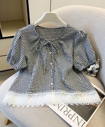 リボンネックレースヘムブラウス