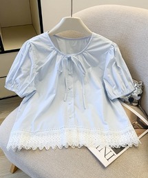 リボンネックレースヘムブラウス