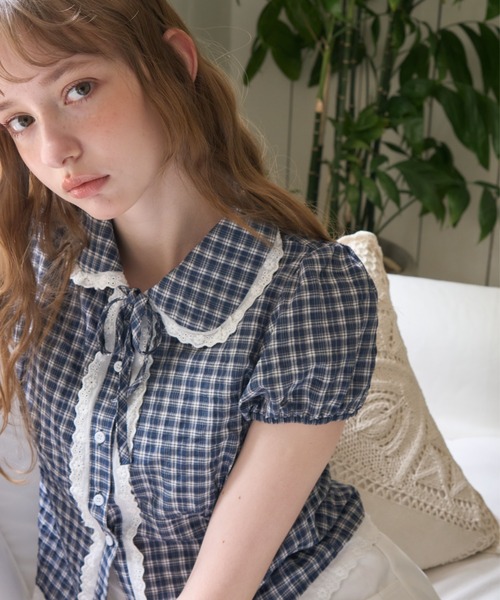 Birthday room(バースデイルーム)の「パフスリーブチェックBL/Puff Sleeve Checkered Blouse(シャツ/ブラウス・レディース・ホワイト/ネイビー・FREE)」の16枚目の写真