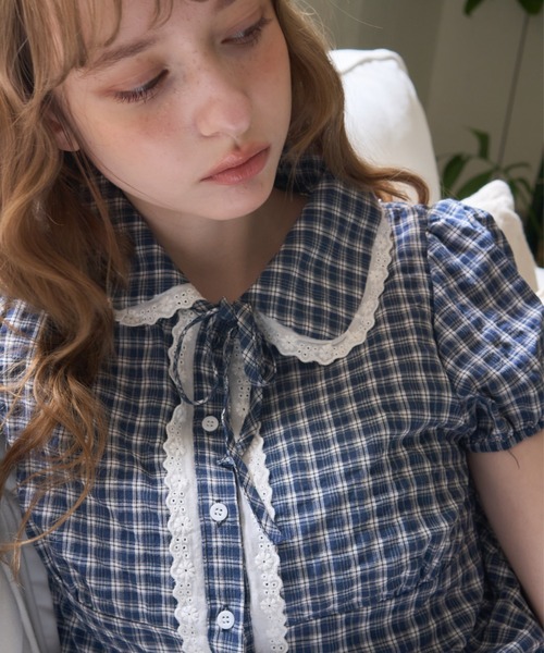 Birthday room(バースデイルーム)の「パフスリーブチェックBL/Puff Sleeve Checkered Blouse(シャツ/ブラウス・レディース・ホワイト/ネイビー・FREE)」の17枚目の写真