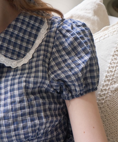 Birthday room(バースデイルーム)の「パフスリーブチェックBL/Puff Sleeve Checkered Blouse(シャツ/ブラウス・レディース・ホワイト/ネイビー・FREE)」の18枚目の写真