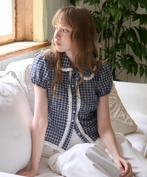 Birthday room(バースデイルーム)の「パフスリーブチェックBL/Puff Sleeve Checkered Blouse(シャツ/ブラウス・レディース・ホワイト/ネイビー・FREE)」の20枚目の写真