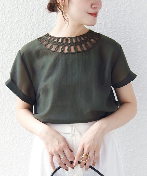 手洗い可能〉襟 刺繍 デザイン ヴィンテージ スパン ブラウス（シャツ