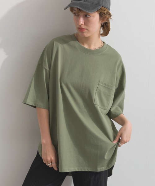 Fizz（フィズ）の「綿100%　ラウンドヘムポケット付きゆったりTシャツ（Tシャツ/カットソー・レディース・ブルー/ホワイト/ブラック/ライトカーキ・M）」の3枚目の写真