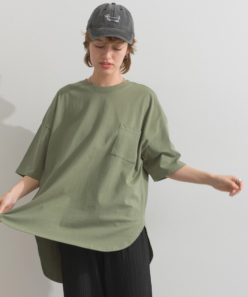 Fizz（フィズ）の「綿100%　ラウンドヘムポケット付きゆったりTシャツ（Tシャツ/カットソー・レディース・ブルー/ホワイト/ブラック/ライトカーキ・M）」の16枚目の写真