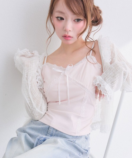 OLIVE des OLIVE（オリーブデオリーブ）の「レースカップ付きキャミ（Tシャツ/カットソー・レディース・ピンク/オフホワイト/ブラック・FREE）」の3枚目の写真