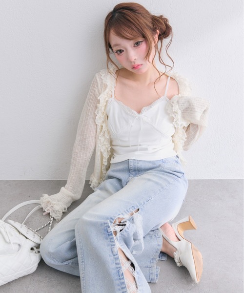 OLIVE des OLIVE（オリーブデオリーブ）の「レースカップ付きキャミ（Tシャツ/カットソー・レディース・ピンク/オフホワイト/ブラック・FREE）」の5枚目の写真