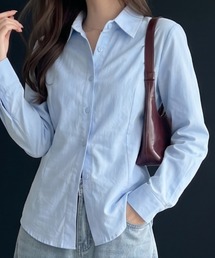 バックレースアップストライプシャツ 長袖 レギュラーカラー シャツブラウス 細ストライプ ウエストシェイプ 美シルエット きれいめ オフィスカジュアル