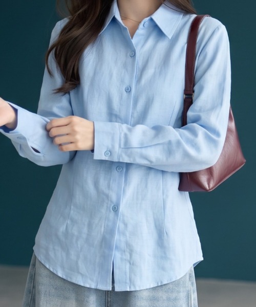umune(ウムネ)の「バックレースアップストライプシャツ 長袖 レギュラーカラー シャツブラウス 細ストライプ ウエストシェイプ 美シルエット きれいめ オフィスカジュアル(シャツ/ブラウス・レディース・サックスブルー/ホワイト×ブラック/オフホワイト・FREE)」の9枚目の写真