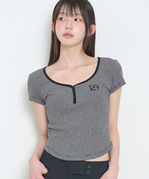 129 ボタンヘンリーネックTシャツ ブラックストライプ