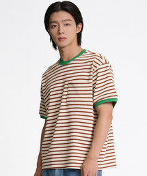 [10番手] ストライプリンガー半袖Tシャツ (ブラウン)