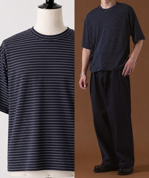 OXA(オグザ)の「ショート丈 半袖 細ボーダーTシャツ OXA(Tシャツ/カットソー・メンズ・ブラック/ネイビー/ホワイト・MEDIUM/LARGE)」の3枚目の写真