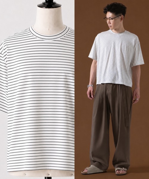 OXA(オグザ)の「ショート丈 半袖 細ボーダーTシャツ OXA(Tシャツ/カットソー・メンズ・ブラック/ネイビー/ホワイト・MEDIUM/LARGE)」の2枚目の写真