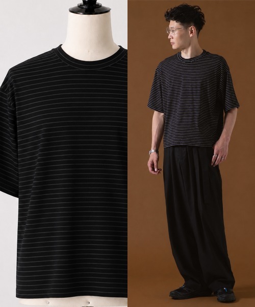 OXA(オグザ)の「ショート丈 半袖 細ボーダーTシャツ OXA(Tシャツ/カットソー・メンズ・ブラック/ネイビー/ホワイト・MEDIUM/LARGE)」の1枚目の写真