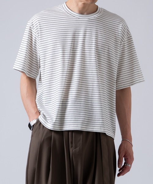 OXA(オグザ)の「ショート丈 半袖 細ボーダーTシャツ OXA(Tシャツ/カットソー・メンズ・ブラック/ネイビー/ホワイト・MEDIUM/LARGE)」の8枚目の写真