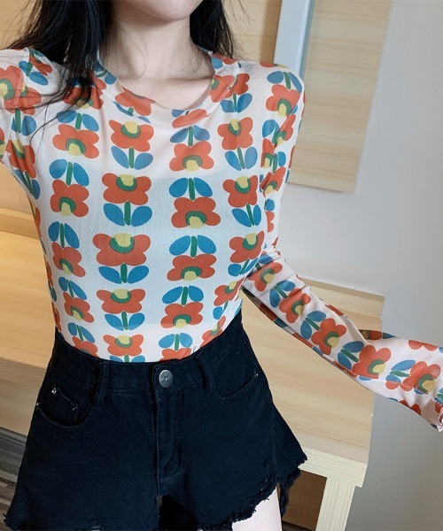 ONEP STAR(ワンピスター)の「総柄シアー長袖カットソー(Tシャツ/カットソー・レディース・G/F/E/D/C/B/A・FREE)」の1枚目の写真