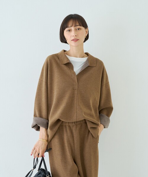 Rouge vif(ルージュヴィフ)の「【セットアップ対応】メランジダンボールプルオーバー / Vネックブラウス(シャツ/ブラウス・レディース・ブラウン/グレー・フリー)」の3枚目の写真