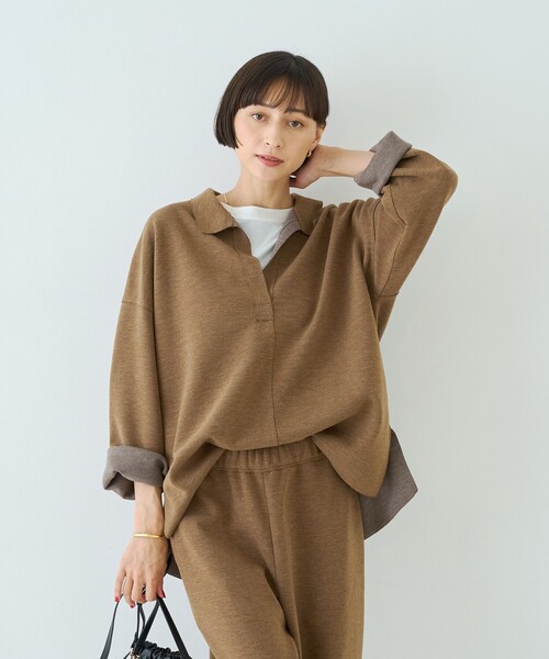 Rouge vif(ルージュヴィフ)の「【セットアップ対応】メランジダンボールプルオーバー / Vネックブラウス(シャツ/ブラウス・レディース・ブラウン/グレー・フリー)」の4枚目の写真