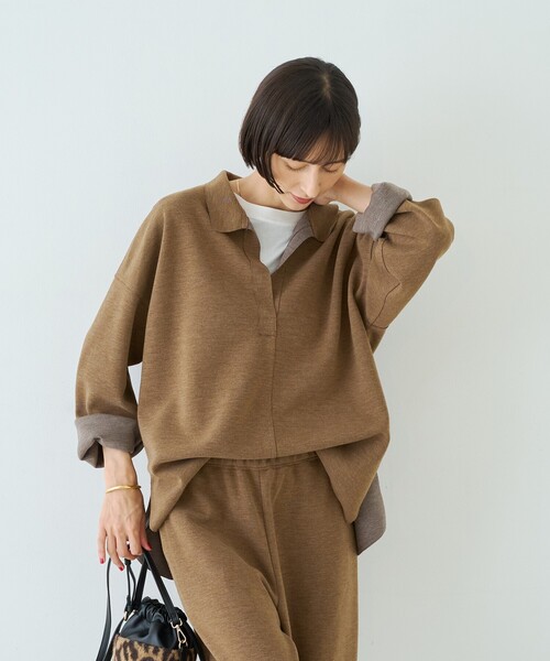 Rouge vif(ルージュヴィフ)の「【セットアップ対応】メランジダンボールプルオーバー / Vネックブラウス(シャツ/ブラウス・レディース・ブラウン/グレー・フリー)」の5枚目の写真